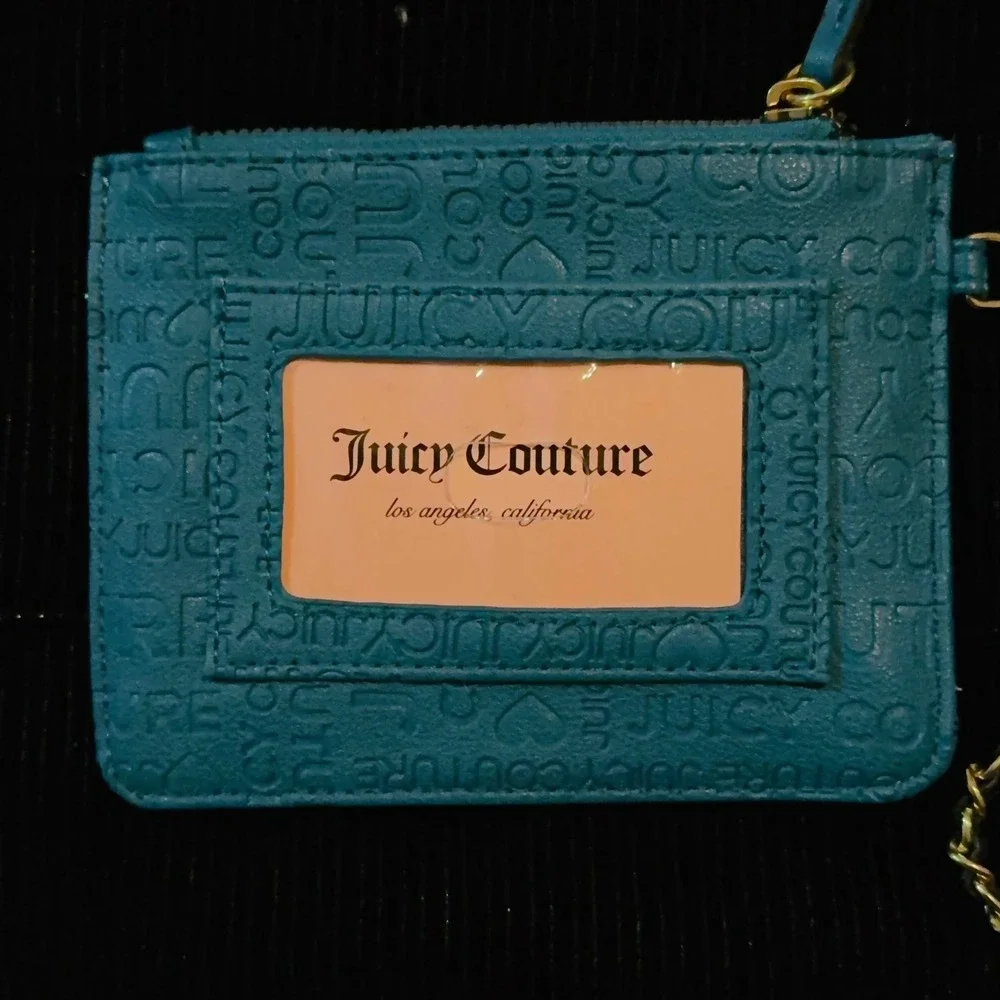 Juicy‎ Couture Card Holder Womens OS Teal Embossed Logo Chain Wristlet